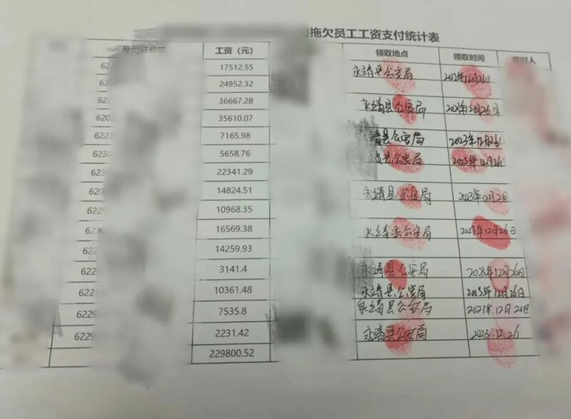 永靖公安帮务工人员讨回22万余元薪资